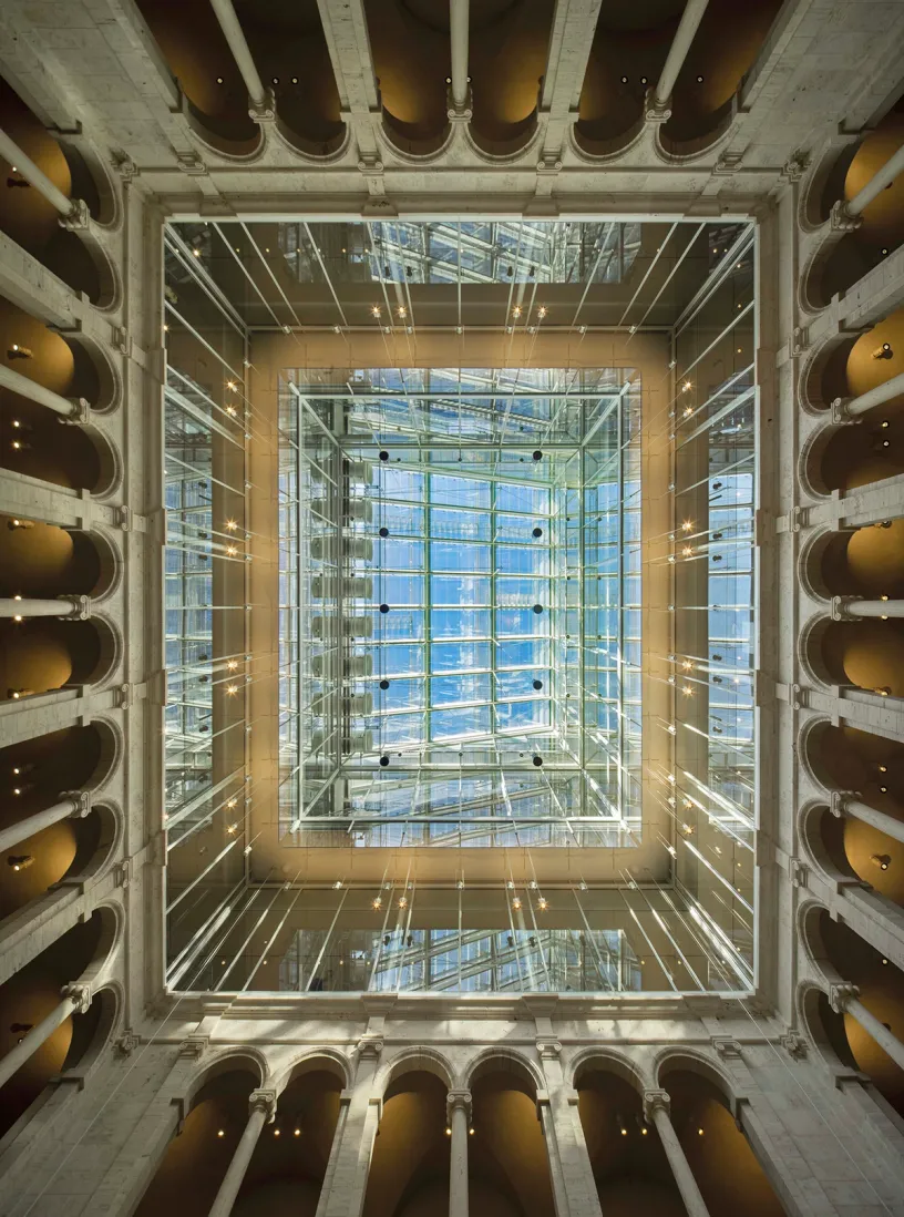 Looking up at the ceiling of a building