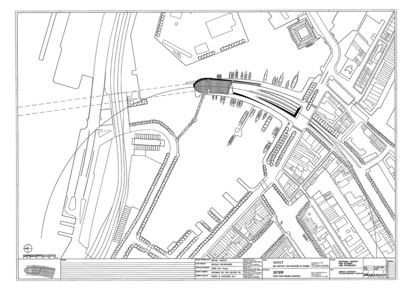 A black and white drawing of a city with a boat in the middle of it