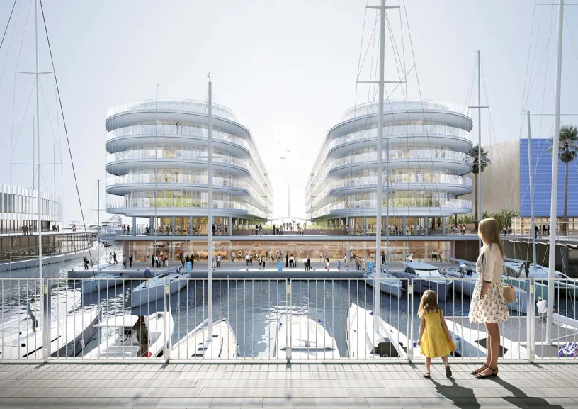 A woman and a child are standing on a balcony overlooking a marina