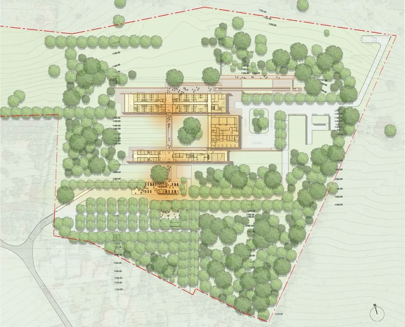 A drawing of a building in the middle of a forest surrounded by trees
