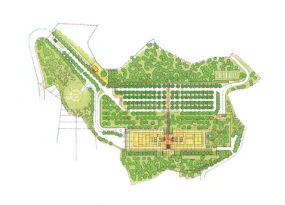 a drawing of a park with trees and a tennis court .