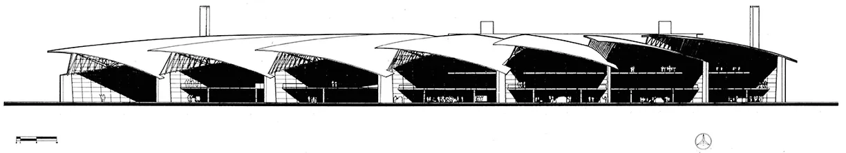 A black and white drawing of a large building
