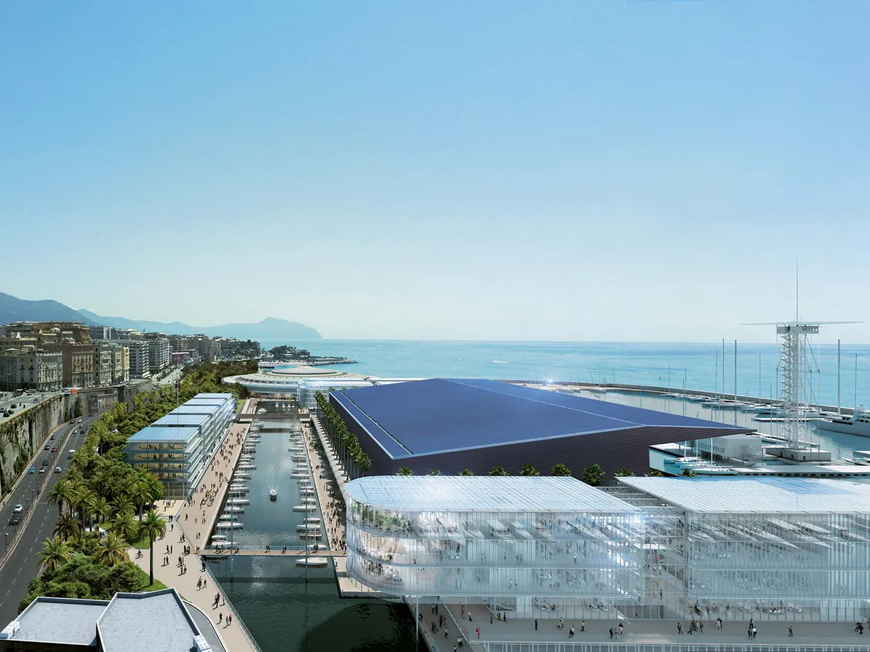 An artist 's impression of a large building next to a body of water