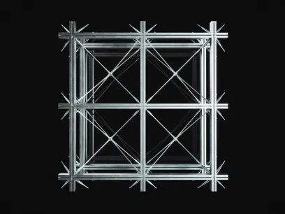 a 3d rendering of a metal structure on a black background .