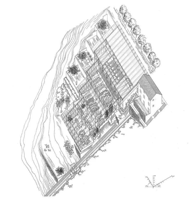 A black and white drawing of a building and trees