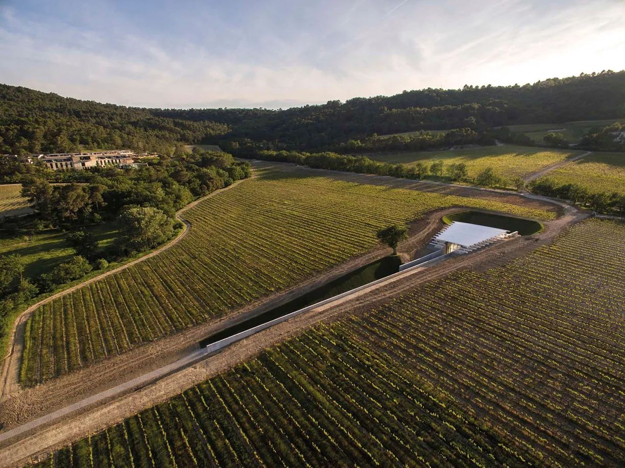 An aerial view of a vineyard with a building in the middle of it