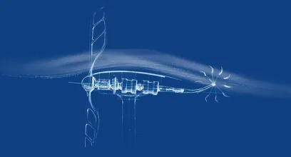 a blueprint of a wind turbine on a blue background .