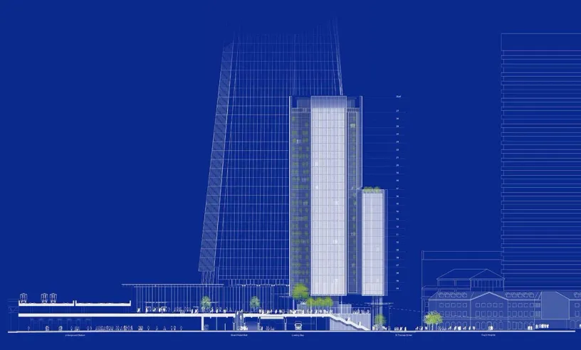 a blueprint of a tall building with a lot of windows on a blue background .