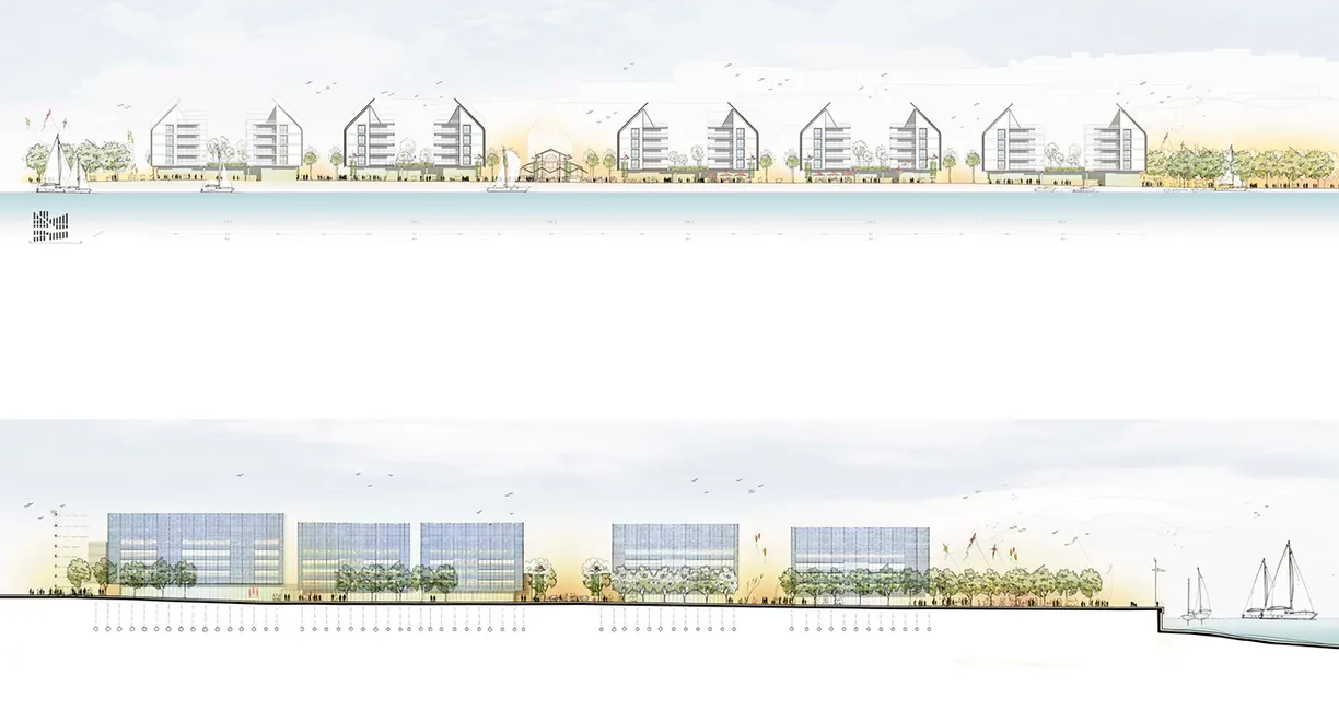 A drawing of a row of buildings next to a body of water