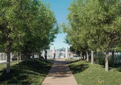 An artist 's impression of a park with trees and a wooden walkway