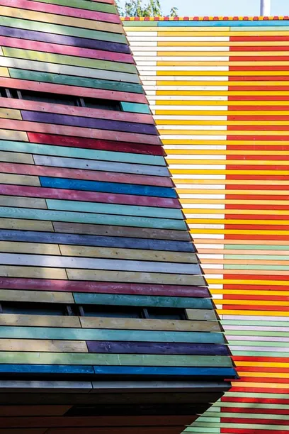 a building with a rainbow of colors on it