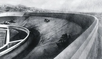 A black and white photo of two cars racing on a race track