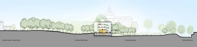 a drawing of a building with trees in the background