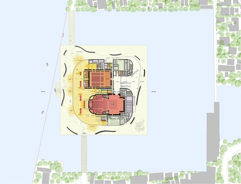 A floor plan of a large building next to a body of water