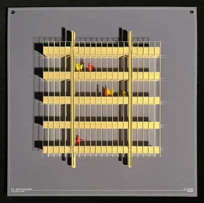 Colored architectural section drawing of a multi-story building featuring a central core, a street-level piazza with trees and people, and an elevated public walkway.