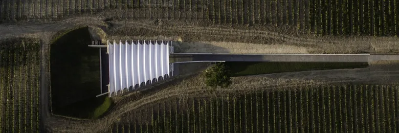 An aerial view of a white building in the middle of a vineyard