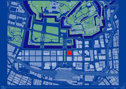 a blue and green map of a city with a red square in the middle .
