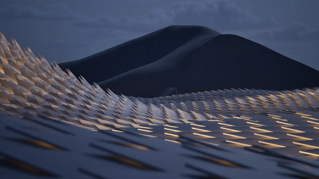 a computer generated image of a mountain with a geometric pattern in the foreground