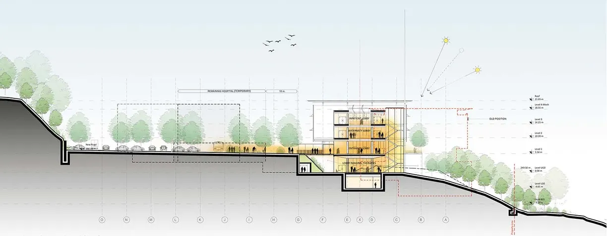 a drawing of a building sitting on top of a hill surrounded by trees .