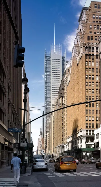 A busy city street with a sign that says west 35th st