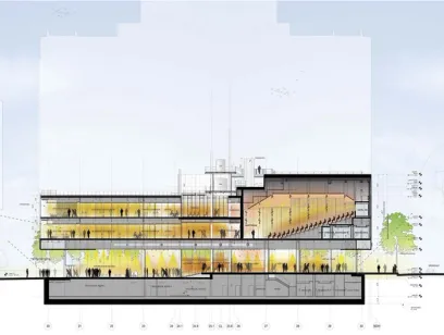 a cross section of a building with a lot of people in it .