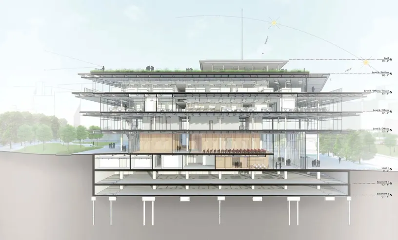 A cross section of a building with a green roof