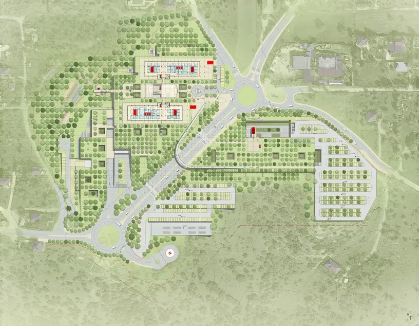 an aerial view of a large residential area with lots of trees and buildings .