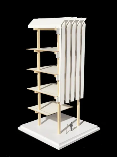 Architectural model of a five-story white and wood building with a louvered facade and a small figure for scale.
