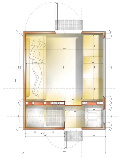 a floor plan of a house with a woman laying on a bed