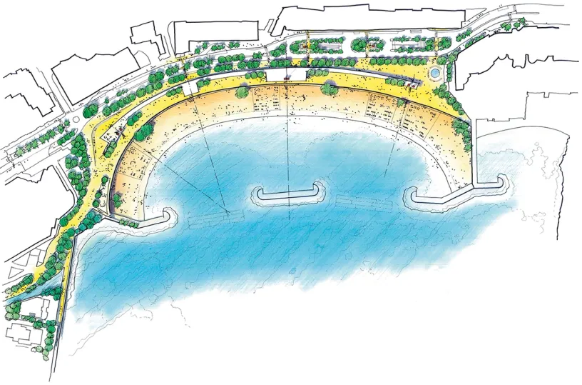 A drawing of a beach with a boat in the water