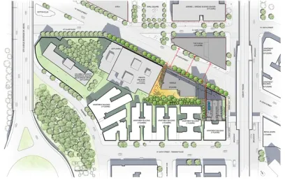 Architectural site plan of an urban development with multiple residential buildings, green spaces, and surrounding streets.
