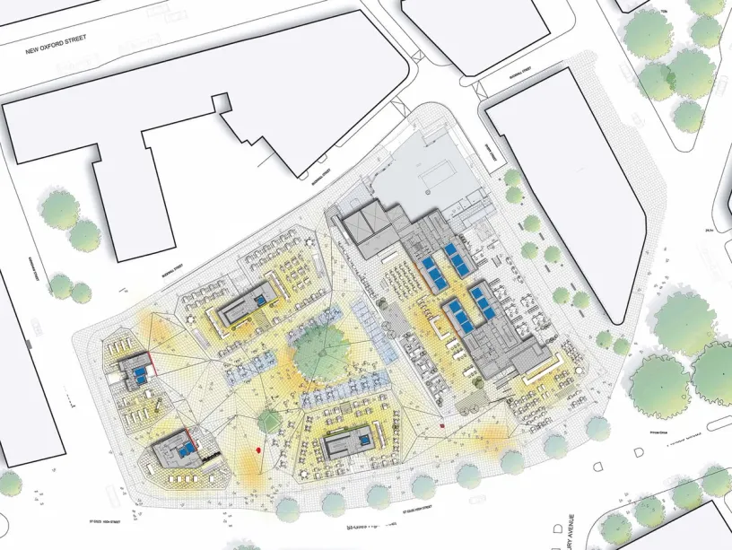 An aerial view of a city with a lot of buildings and trees