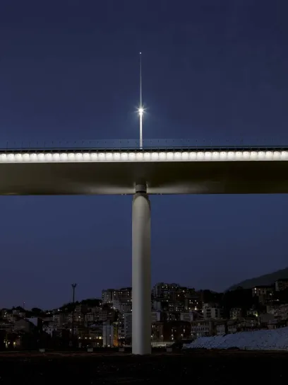 A bridge is lit up at night with a city in the background