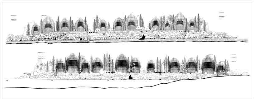 A black and white drawing of a city with a lot of buildings and trees