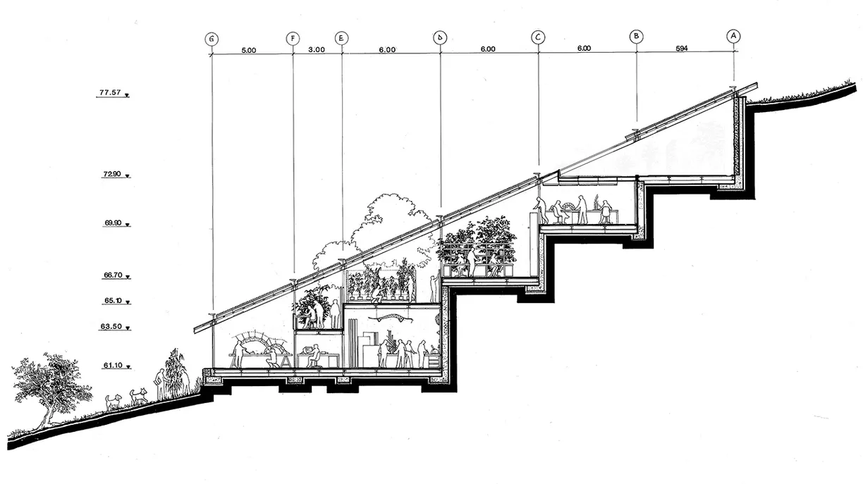 A black and white drawing of a building on a hill