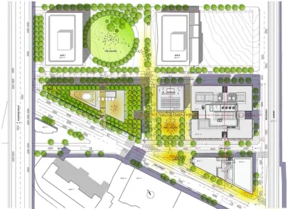 a drawing of a residential area with a lot of trees and buildings .