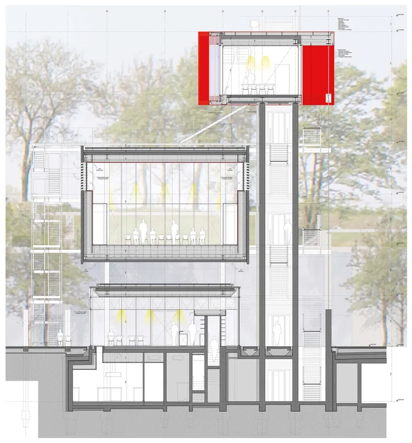 A black and white drawing of a building with a red box in the middle
