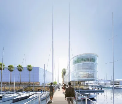 A group of people are walking across a bridge over a body of water