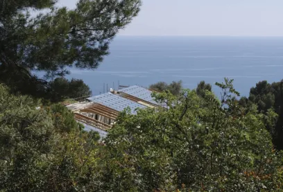 House with a solar panel roof, framed by trees, overlooking the ocean.