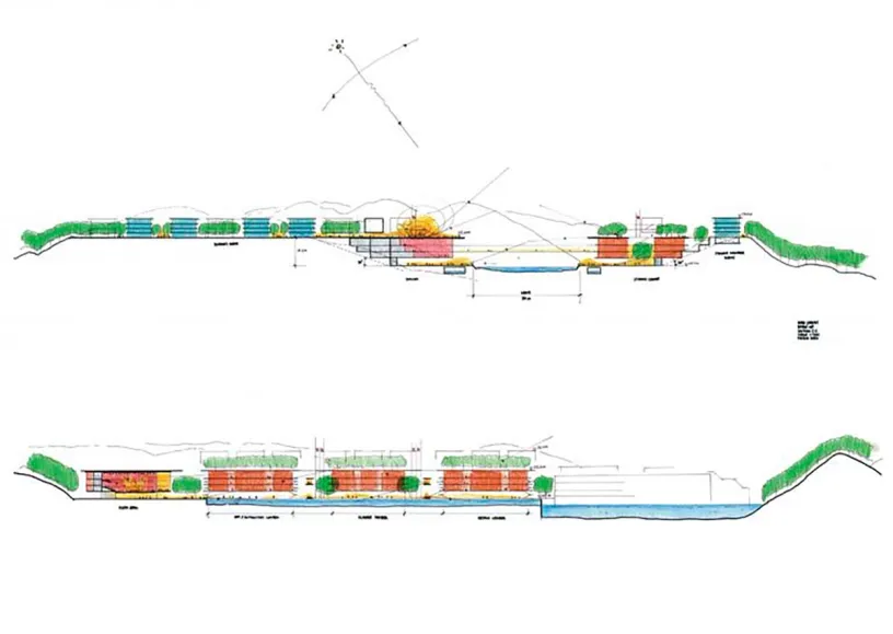 A couple of drawings of a building and a river on a white background