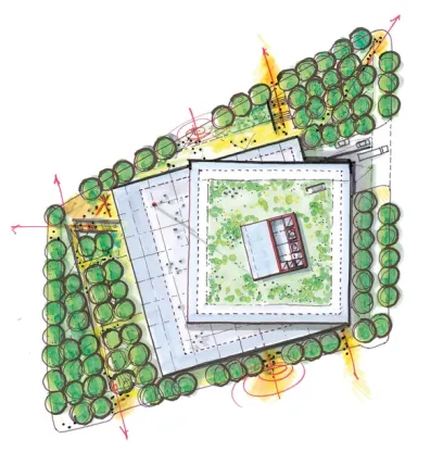 An aerial view of a building with trees around it