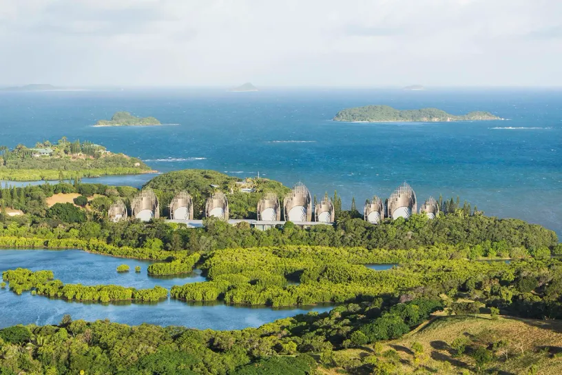 An aerial view of a tropical island surrounded by water and trees