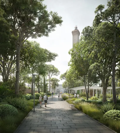 a large wind turbine is sitting in the middle of a forest .