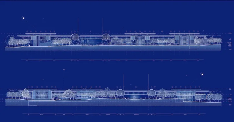 A blueprint of a building with a lot of windows and trees on a blue background