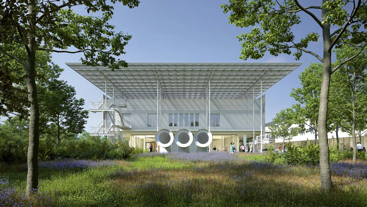 an artist 's impression of a large white building surrounded by trees and grass .