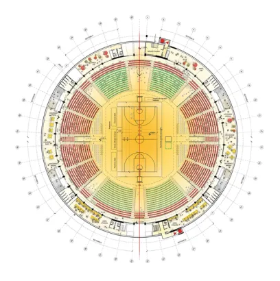 A floor plan of a basketball stadium with a basketball court in the middle