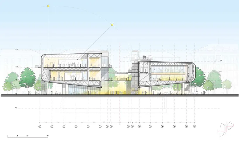 A cross section of a building with trees in the background