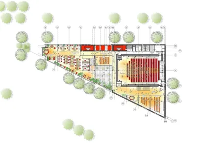 a floor plan of a building with trees in the background .