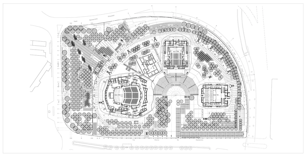 A black and white plan of a park with trees and buildings