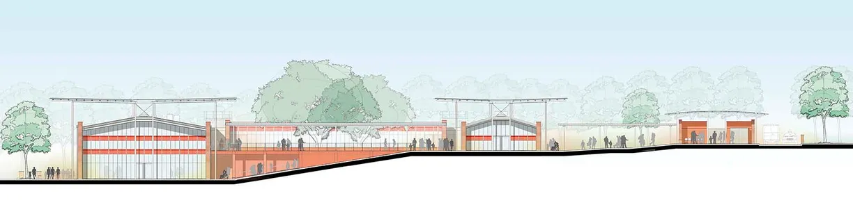 Architectural cross-section drawing of a multi-building complex with orange and glass facades, exposed roof structures, small figures, and trees on a sloping site.